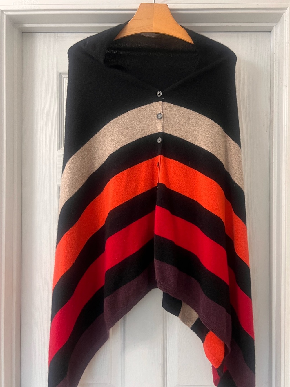 360 Cashmere Asymmetrical Striped Cashmere Poncho Black, Red, Orange, Tan
OS
